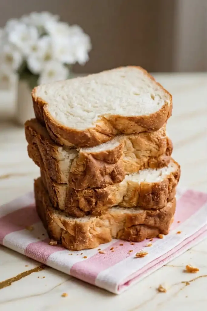 Stack of Fluffy Keto Cottage Cheese Cloud Bread slices on a pink and white striped napkin, highlighting golden-brown crust, light airy crumb texture, and soft white floral background