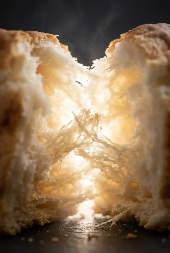 Close-up of Fluffy Keto Cottage Cheese Cloud Bread torn open, showcasing airy, cloud-like crumb texture with golden-brown crust, illuminated by soft light