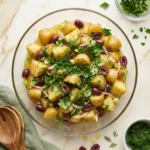 Overhead view of Greek potato salad in glass bowl with Kalamata olives, dill, red onion, and fresh parsley on marble countertop with wooden serving spoons