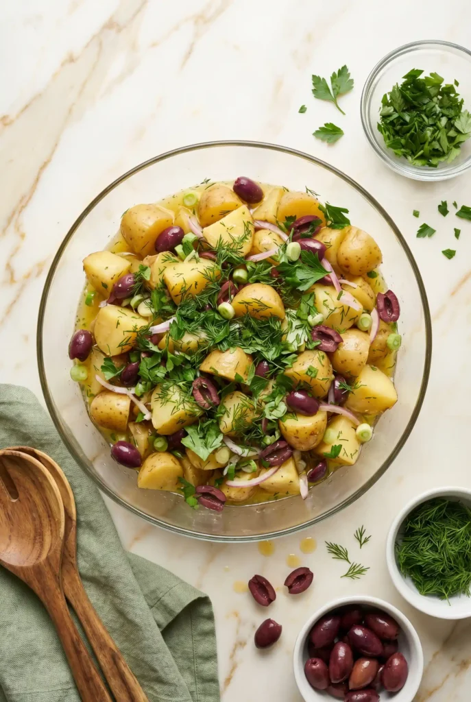 Overhead view of Greek potato salad in glass bowl with Kalamata olives, dill, red onion, and fresh parsley on marble countertop with wooden serving spoons