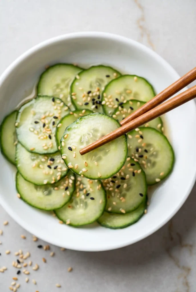 Japanese cucumber salad in white bowl — thinly sliced cucumbers with sesame seeds and light dressing, lifted by wooden chopsticks