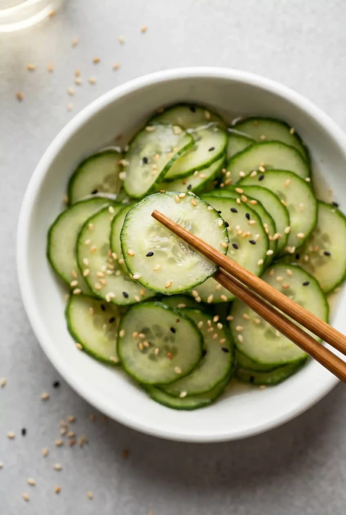 Overhead shot of Japanese sunomono-style cucumber salad with black & white sesame seeds, glistening rice vinegar dressing, served in ceramic bowl with chopstick
