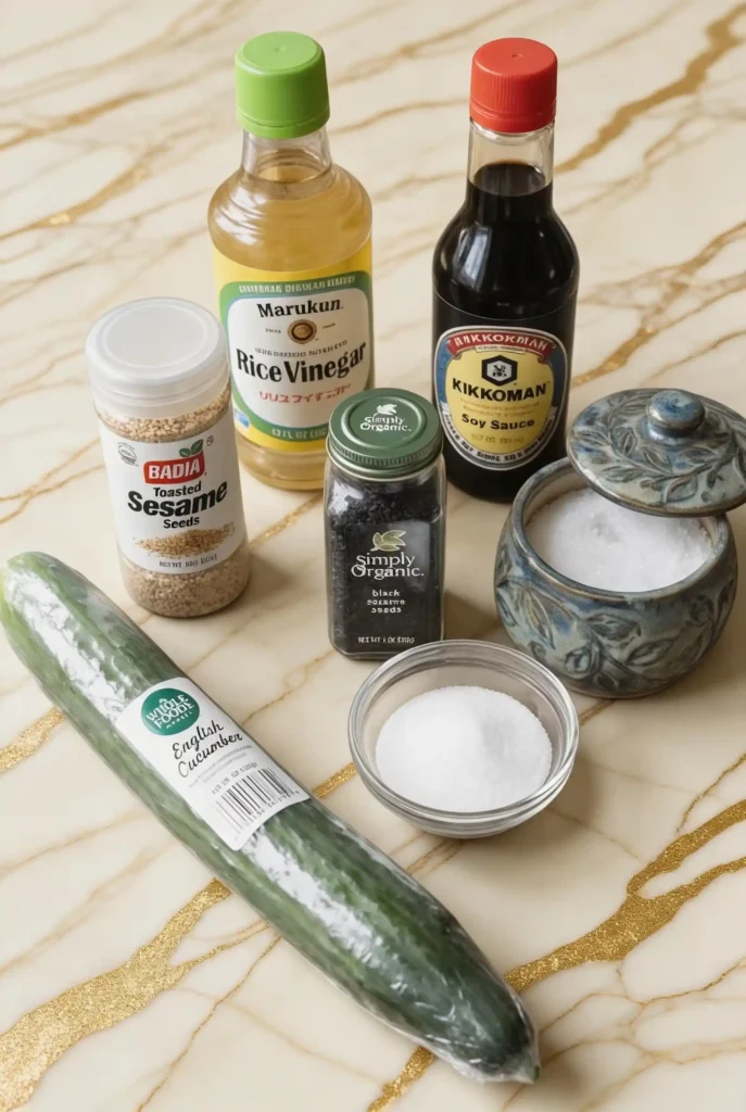 Japanese cucumber salad ingredients: English cucumber, Marukun rice vinegar, Kikkoman soy sauce, Badia toasted sesame seeds, Simply Organic black sesame seeds, sugar, salt
