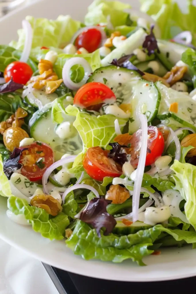 Little Gem lettuce salad with cherry tomatoes, cucumber, red onion, walnuts, almonds, and creamy herb dressing