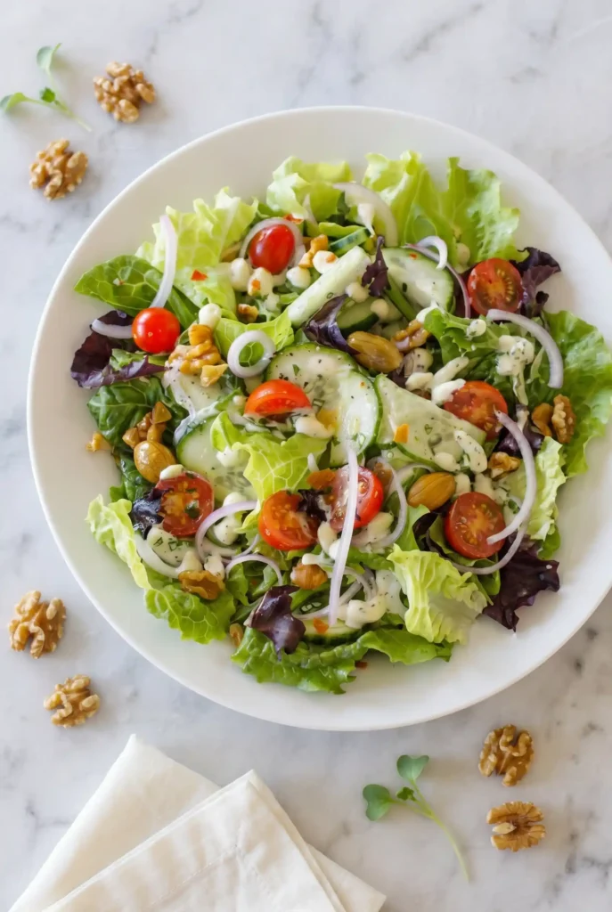 Overhead view of finished Little Gem salad with walnuts, almonds, cherry tomatoes, cucumber, red onion, and herbed yogurt dressing