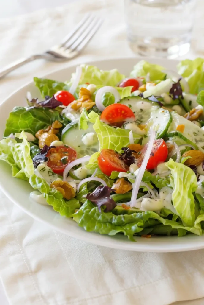Plated Little Gem salad with mixed greens, tomatoes, cucumbers, nuts, and tangy dressing — served on linen napkin with fork and water glass for lunch or dinner