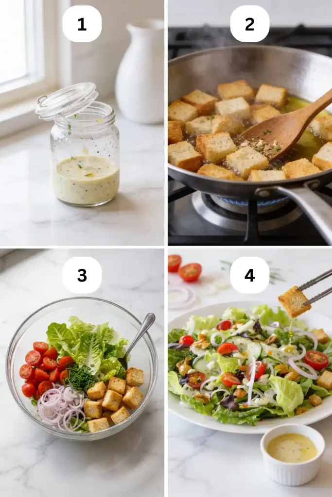 How to make Little Gem salad: 1) Shake dressing in jar, 2) Toast croutons in pan, 3) Toss greens, tomatoes, onions, croutons, 4) Plate and top with dressing