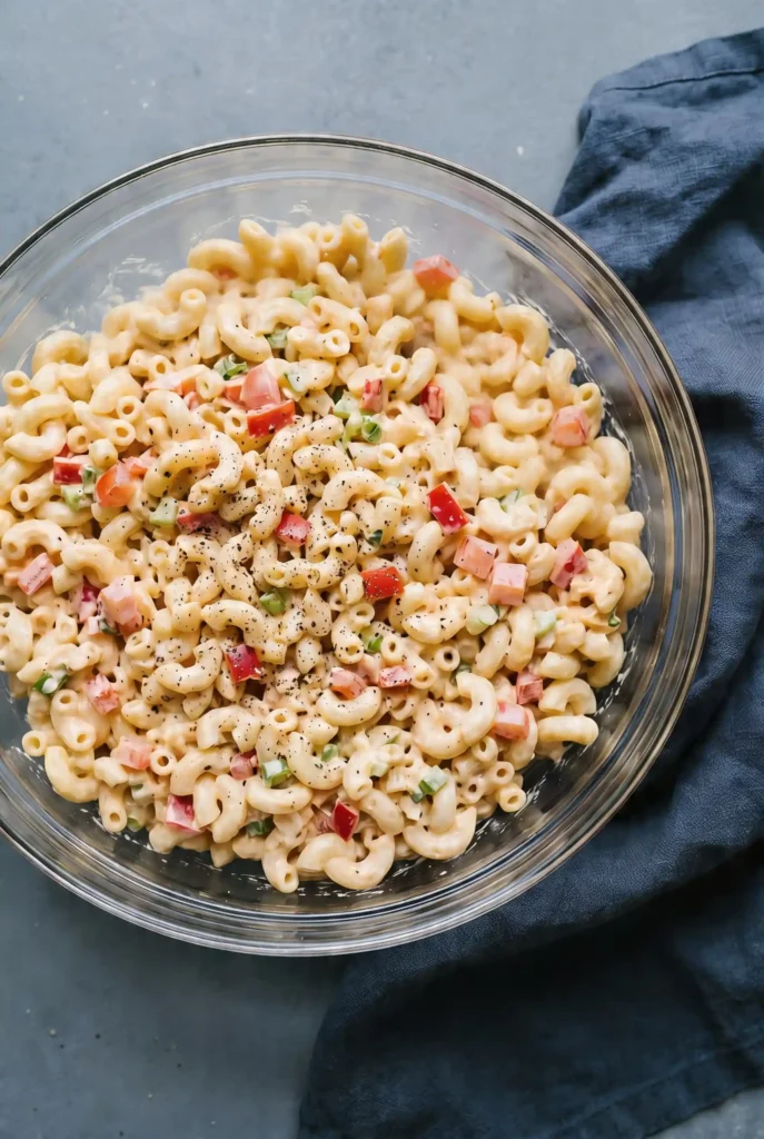 Macaroni salad in a glass bowl with creamy dressing, diced tomatoes, celery, and ham, placed on a dark surface with a blue cloth