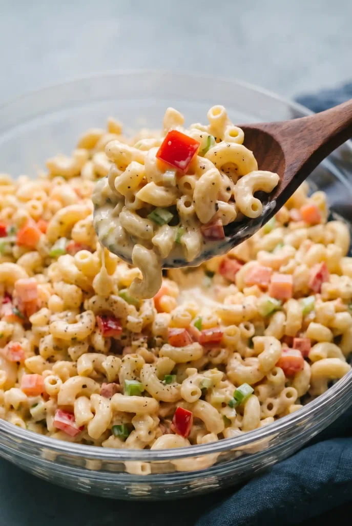 Close-up of macaroni salad being spooned, featuring Macaroni Salad, red bell peppers, celery, and creamy cheese dressing, with a wooden spoon