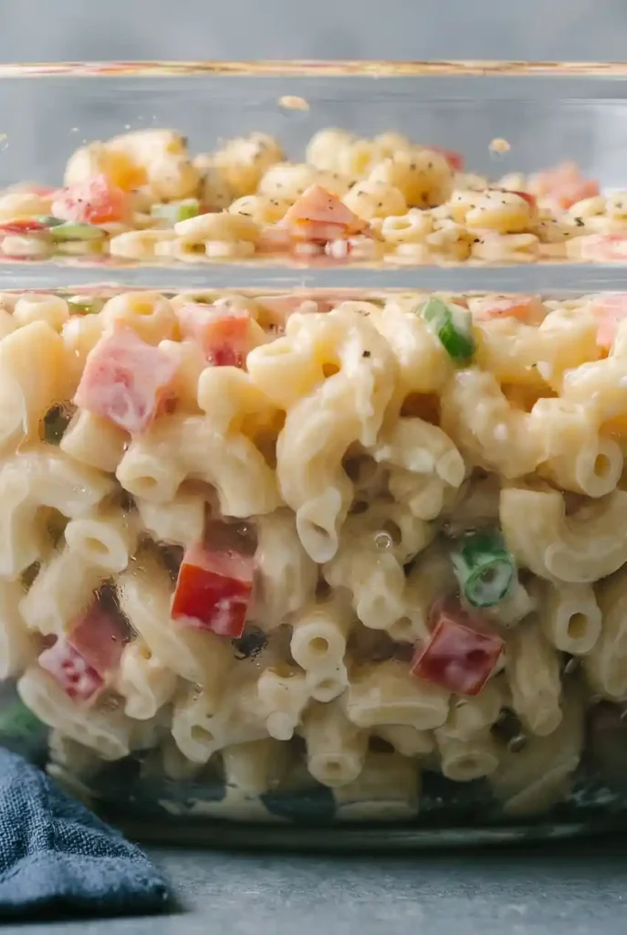 Macaroni salad in a glass container with creamy dressing, diced tomatoes, celery, and ham, showcasing layered presentation on a blue cloth