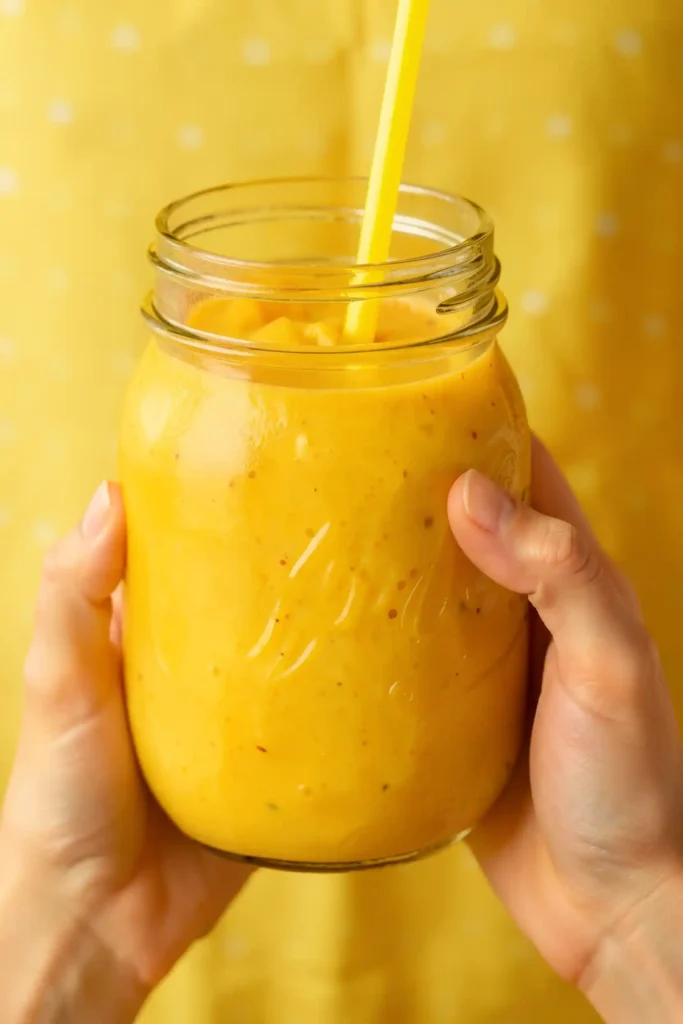 Fresh Mango Smoothie in a glass jar with a yellow straw, held by hands against a bright yellow background