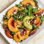 Summer peach salad with arugula, sliced peaches, avocado, pecans, feta cheese, and fresh basil