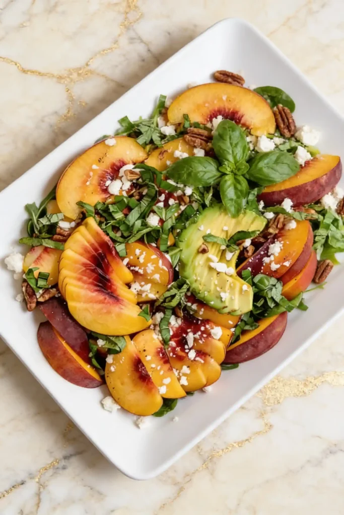 Summer peach salad with arugula, sliced peaches, avocado, pecans, feta cheese, and fresh basil