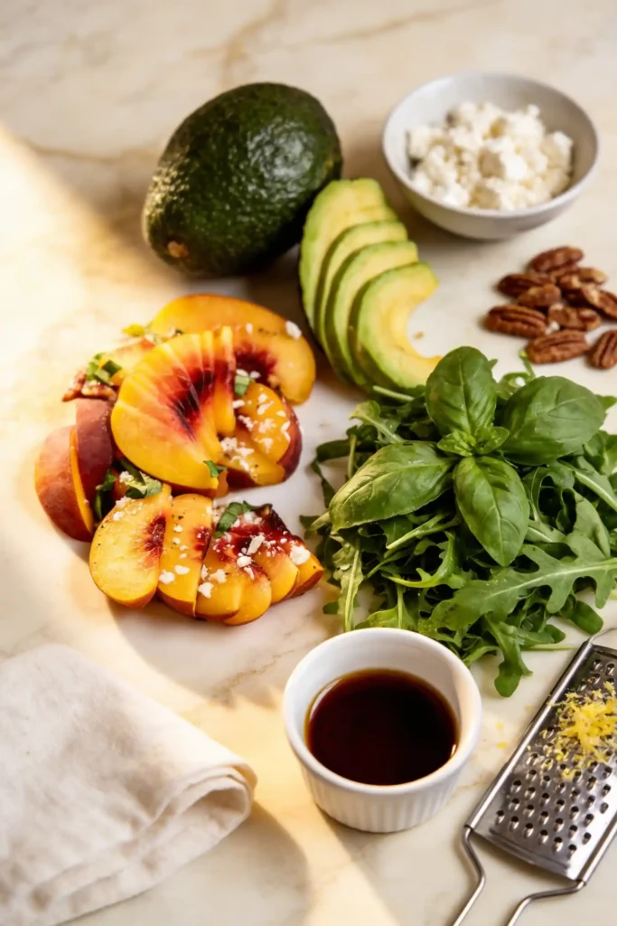 Peach salad ingredients include ripe peach slices, whole and sliced avocado, arugula, crumbled feta, toasted pecans, balsamic vinaigrette and lemon zest. Arranged neatly on a marble countertop