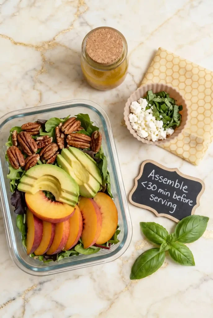 Make-ahead peach salad in glass meal prep container with greens, peaches, avocado, pecans — side bowl of feta & basil; chalkboard sign reads ‘Assemble