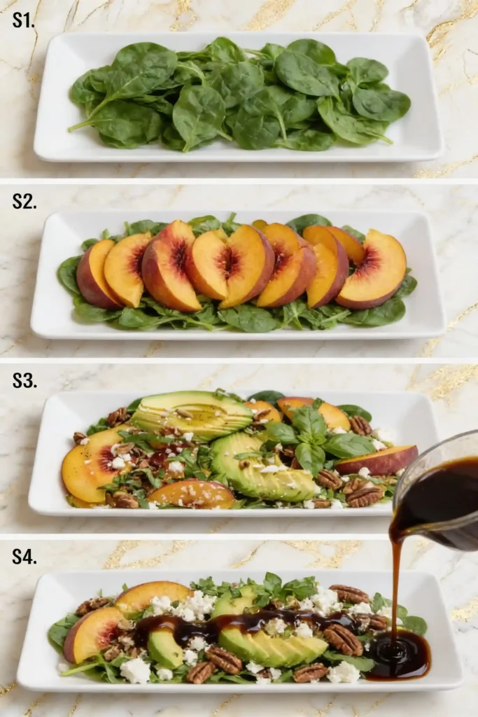 How to assemble peach salad: S1) Layer spinach/arugula, S2) Add sliced peaches, S3) Top with avocado, pecans, feta, basil, S4) Drizzle with balsamic glaze — step-by-step visual guide