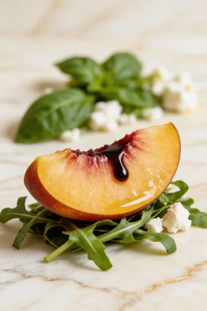 Macro shot of juicy peach slice topped with balsamic reduction, resting on arugula with crumbled feta and basil leaves — elegant summer appetizer or salad component
