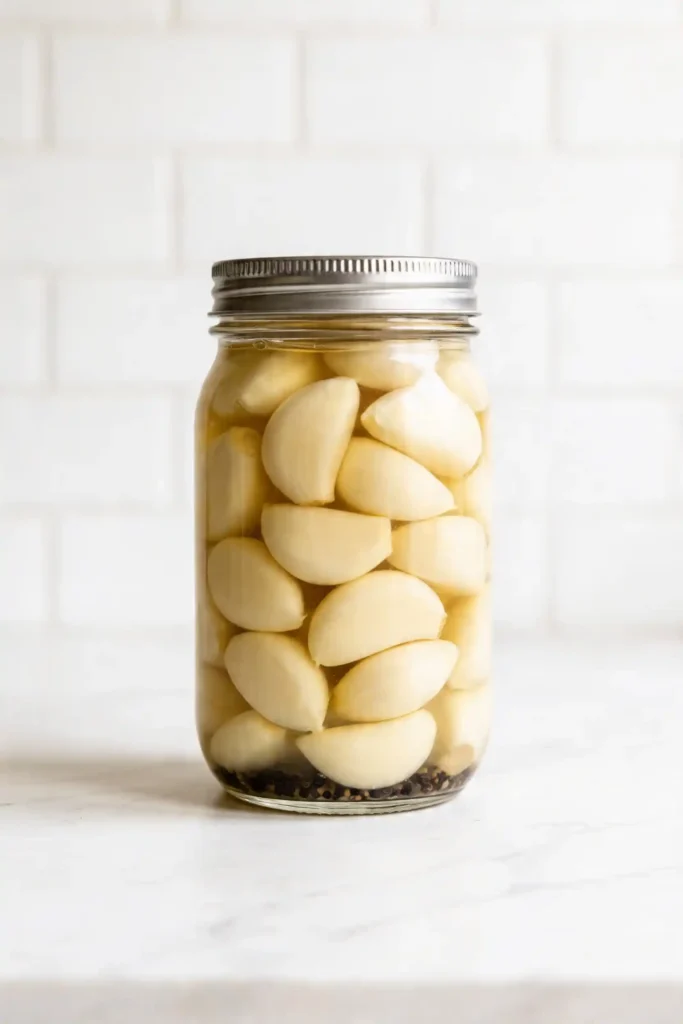 Pickled garlic cloves in a glass jar with a metal lid, submerged in liquid with black peppercorns, on a white tile countertop