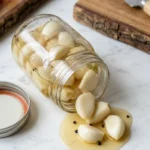 Pickled garlic cloves spilling from a glass jar on a marble countertop, with a jar lid nearby, black peppercorns in the pickling liquid, and a cheese board in the background