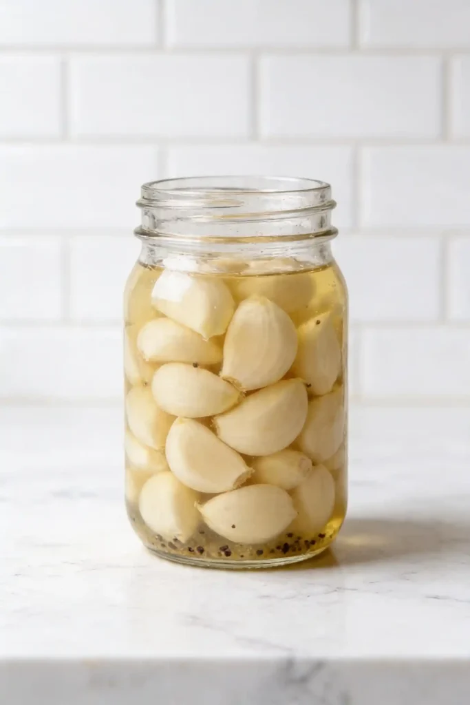 Open glass jar of pickled garlic cloves submerged in liquid with black peppercorns, displayed against a white tile background