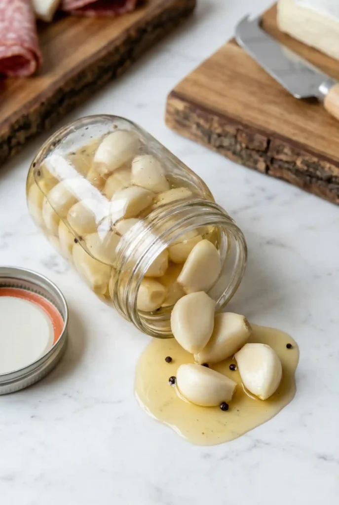 Pickled garlic cloves spilling from a glass jar on a marble countertop, with a jar lid nearby, black peppercorns in the pickling liquid, and a cheese board in the background