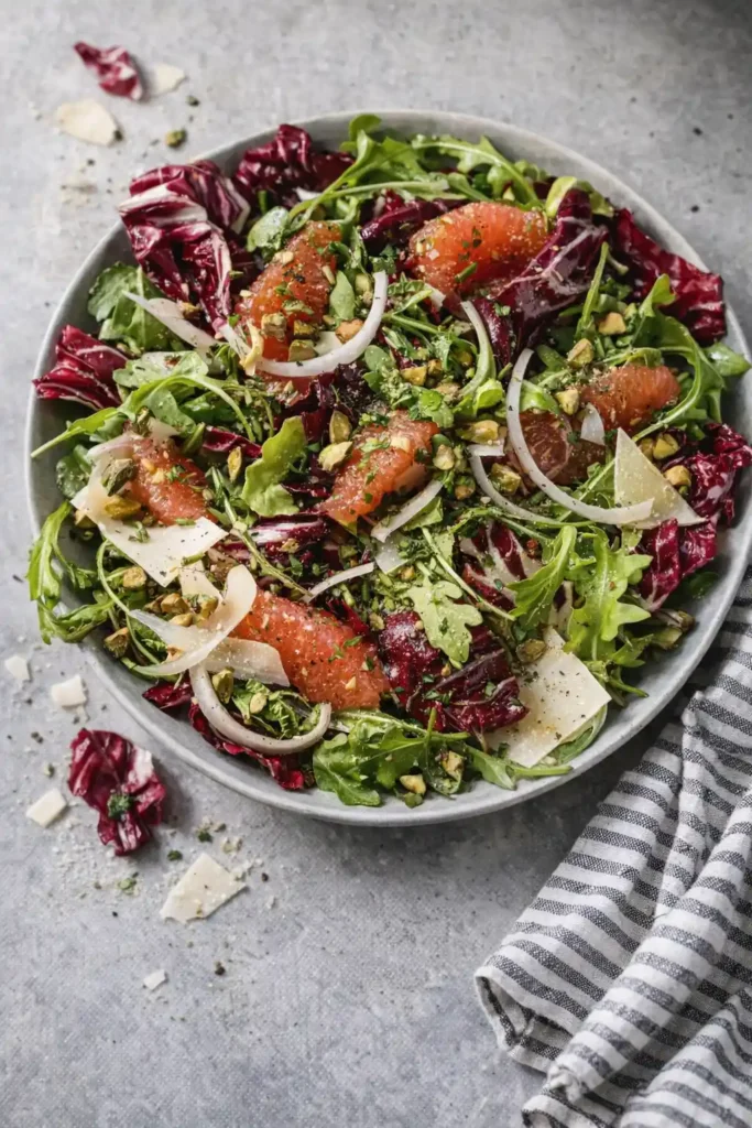Radicchio salad with red leaf, arugula, grapefruit, red onion, pistachios, and Parmesan cheese on a grey surface with a striped cloth