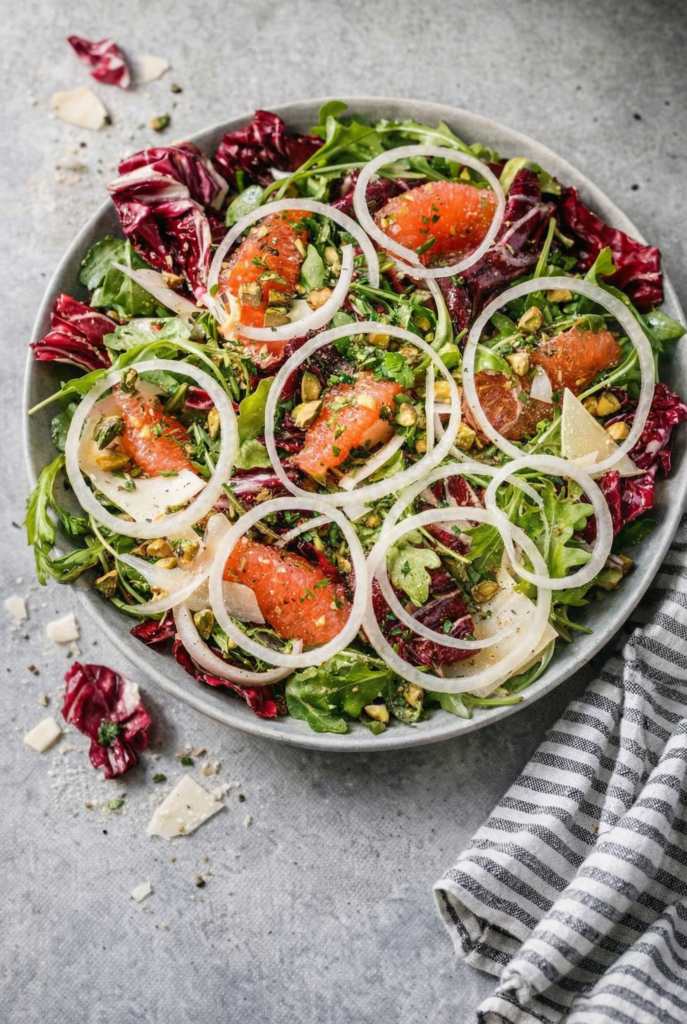 Radicchio salad featuring circular onion rings arranged over grapefruit, radicchio, arugula, and pistachios