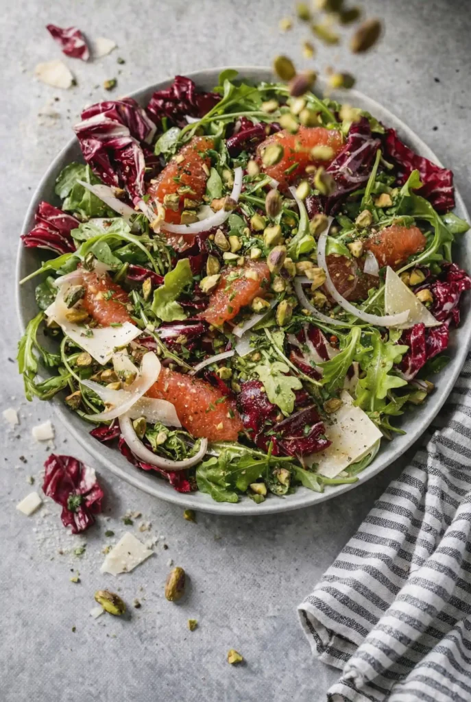 Dynamic Radicchio salad with flying pistachios, grapefruit, red onion, arugula, and Parmesan cheese on a grey surface