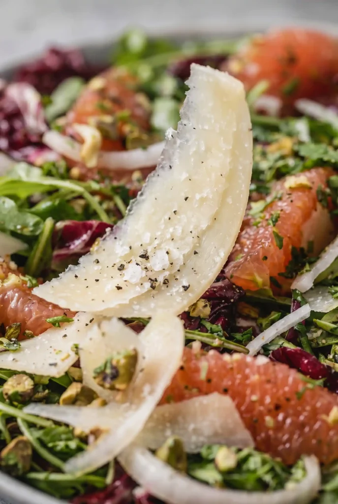 Close-up of Radicchio salad highlighting Parmesan shavings, grapefruit segments, and fresh herbs