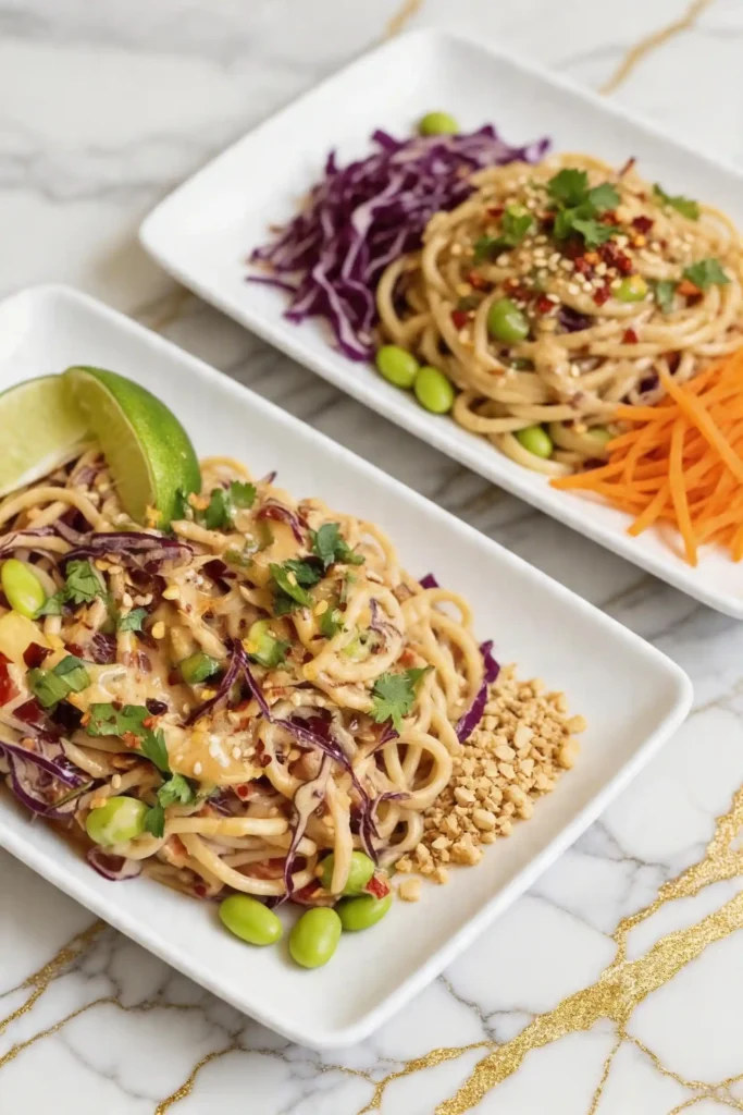 Thai Noodle Salad served on white rectangular plates featuring noodles, purple cabbage, shredded carrots, edamame, lime wedge, peanuts, and fresh herbs on a marble countertop with gold accents