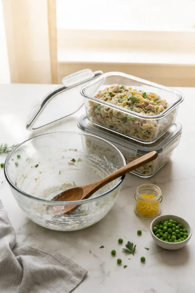 Tuna pasta salad meal prep in glass containers with leftover mixing bowl, wooden spoon, lemon zest, and peas