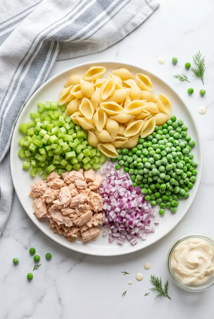 Tuna pasta salad ingredients: shell pasta, diced celery, frozen peas, flaked tuna, red onion, mayo, and dill