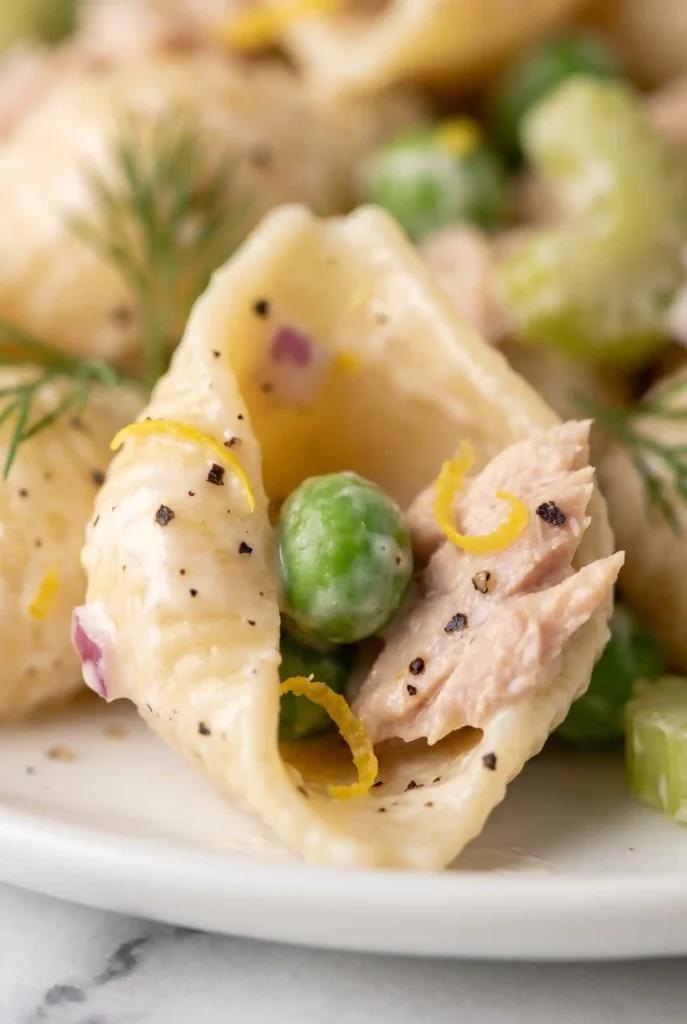 Close-up of creamy tuna pasta salad in shell pasta with green peas, lemon zest, black pepper, and dill