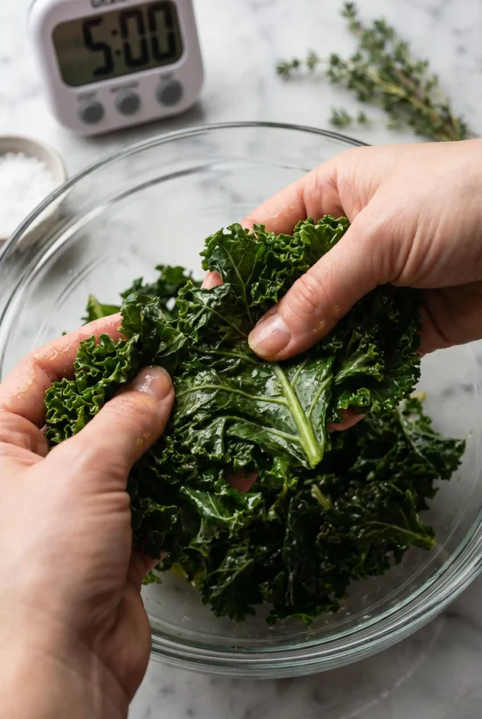 Hands massaging fresh kale leaves in a glass bowl to soften them for salad, with a kitchen timer in the background