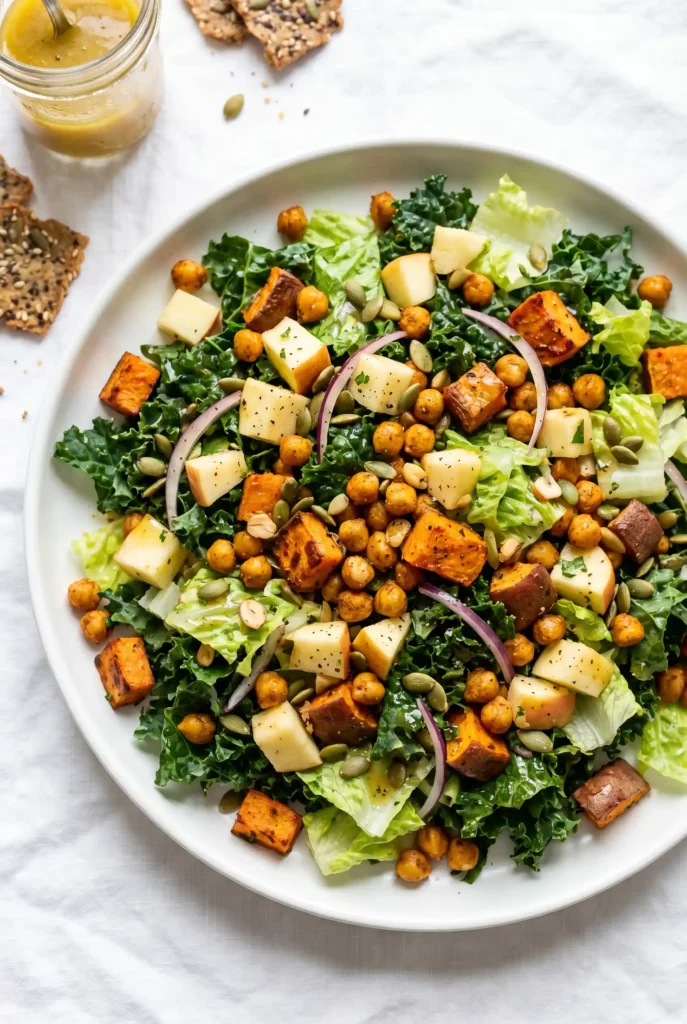 Plated kale sweet potato salad topped with roasted chickpeas, diced apples, red onion slices, and pumpkin seeds