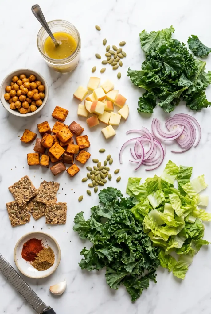 Flat lay of ingredients for kale sweet potato salad including roasted sweet potatoes, chickpeas, apples, kale, lettuce, and dressing on a marble surface