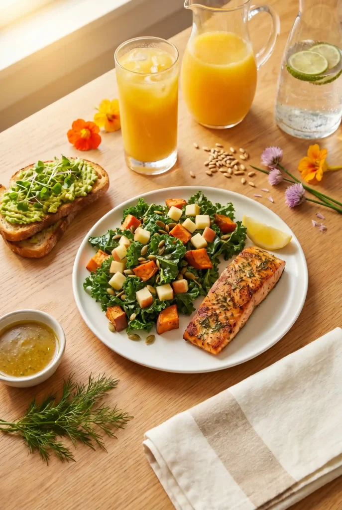 Kale sweet potato salad with roasted squash, apple cubes, pumpkin seeds, and lemon vinaigrette — served alongside herb-crusted salmon on white plate. Includes avocado toast, orange juice, and lime water on wooden table with edible flowers