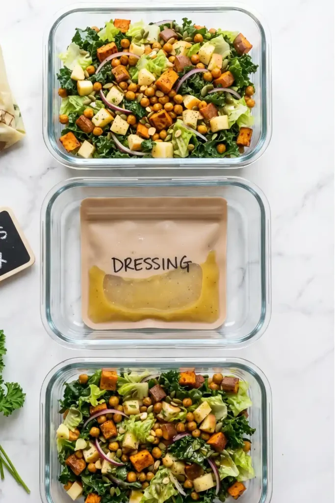 Kale sweet potato salad meal prep in glass containers with roasted chickpeas, apples, and a separate dressing packet