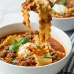 Lasagna soup in a white bowl with ravioli, melted cheese, ground meat, and fresh basil garnish, spoon lifting a portion over a marble countertop