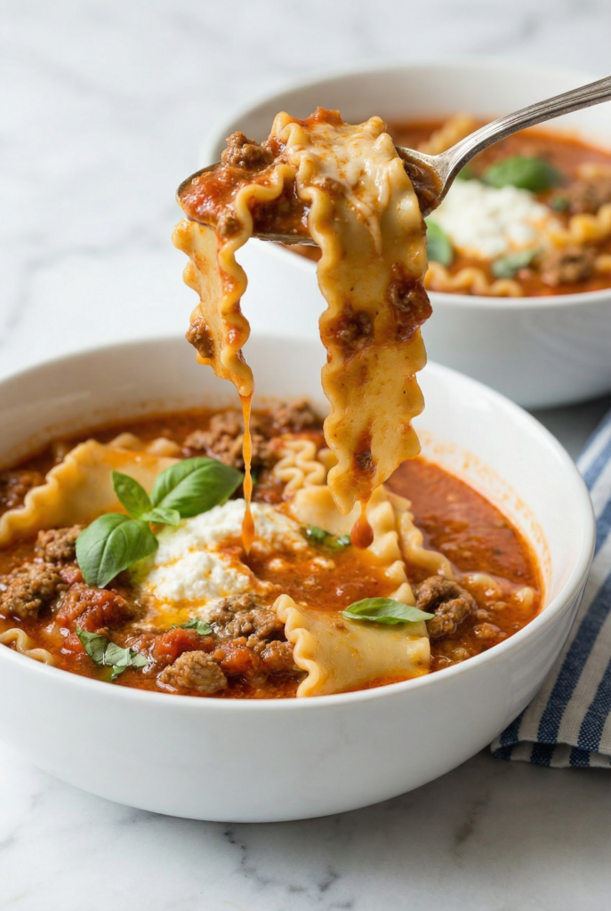 Lasagna soup in a white bowl with ravioli, melted cheese, ground meat, and fresh basil garnish, spoon lifting a portion over a marble countertop