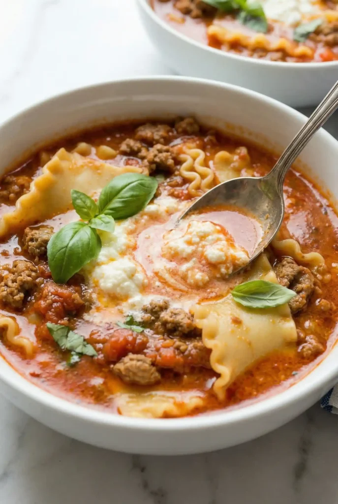 Close-up of lasagna soup in a white bowl, spoon scooping through ravioli, cheese, and meat sauce, with fresh basil, on a marble countertop