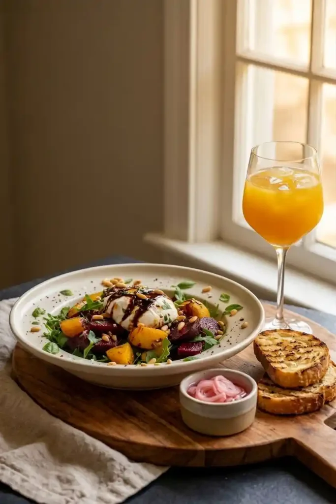 Beet burrata salad served on wood board beside grilled bread, pickled onions, orange spritzer. Sunlit window backdrop. Elegant lunch or brunch