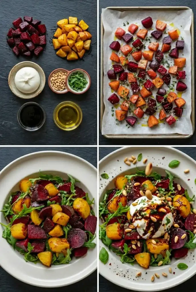 How to make beet burrata salad: roast beets & squash, toss with arugula, top with burrata, pine nuts, balsamic glaze. 4-step visual guid