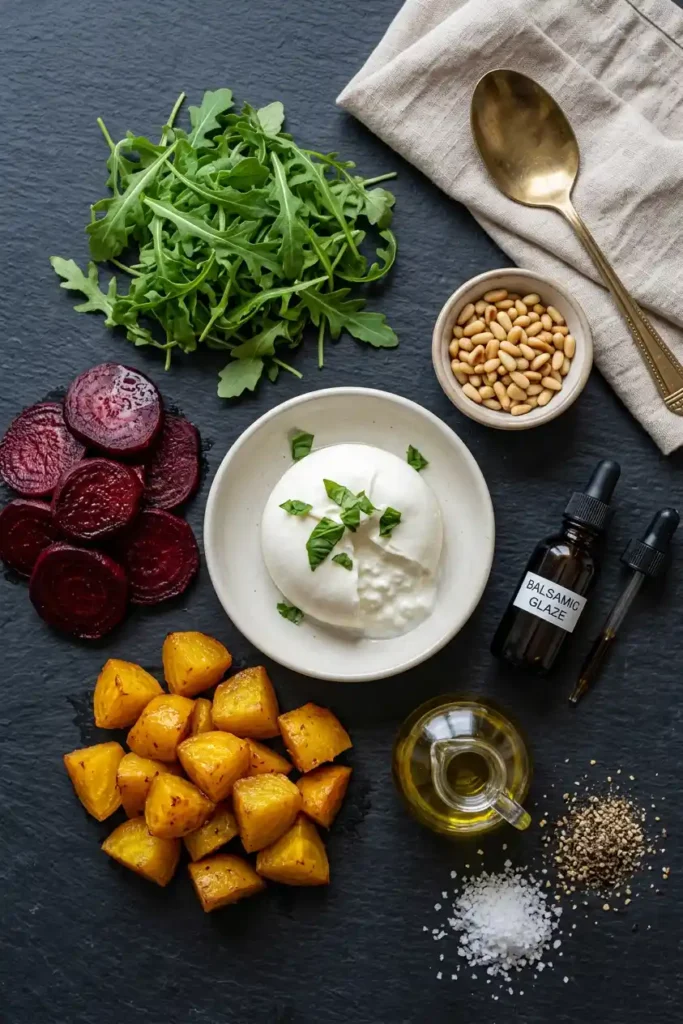 Salad ingredients: sliced beets, roasted squash cubes, fresh arugula, burrata cheese, pine nuts, olive oil, balsamic glaze, salt, pepper. Dark surface prep