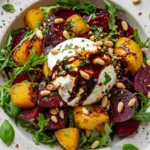 Overhead shot of roasted beet and golden squash salad with creamy burrata, pine nuts, arugula, basil, balsamic drizzle. ZestAndYum.com watermark