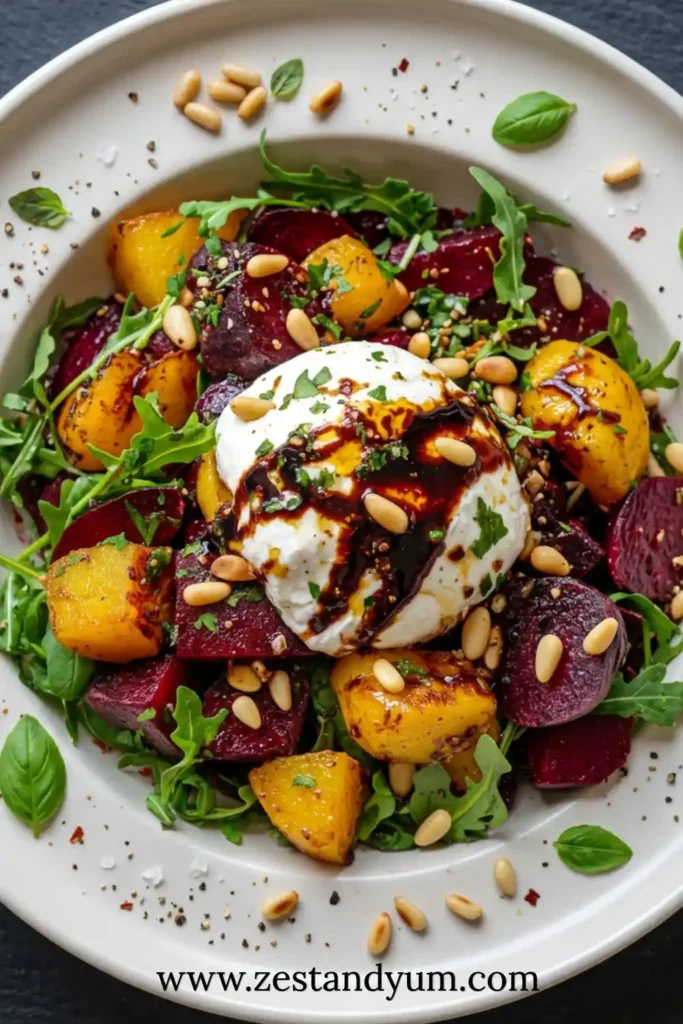 Overhead shot of roasted beet and golden squash salad with creamy burrata, pine nuts, arugula, basil, balsamic drizzle. ZestAndYum.com watermark