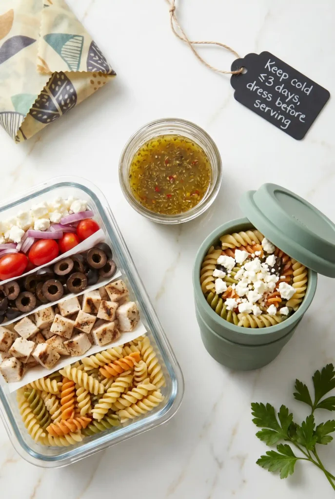 Make-ahead Chicken Salad Chick pasta salad prepped in glass bento box and round container. Layers include rotini, grilled chicken cubes, cherry tomatoes, red onion, olives and feta. Dressing kept separate in jar. Tag reads “Keep cold ≤3 days, dress before serving.” Fresh parsley garnish nearby