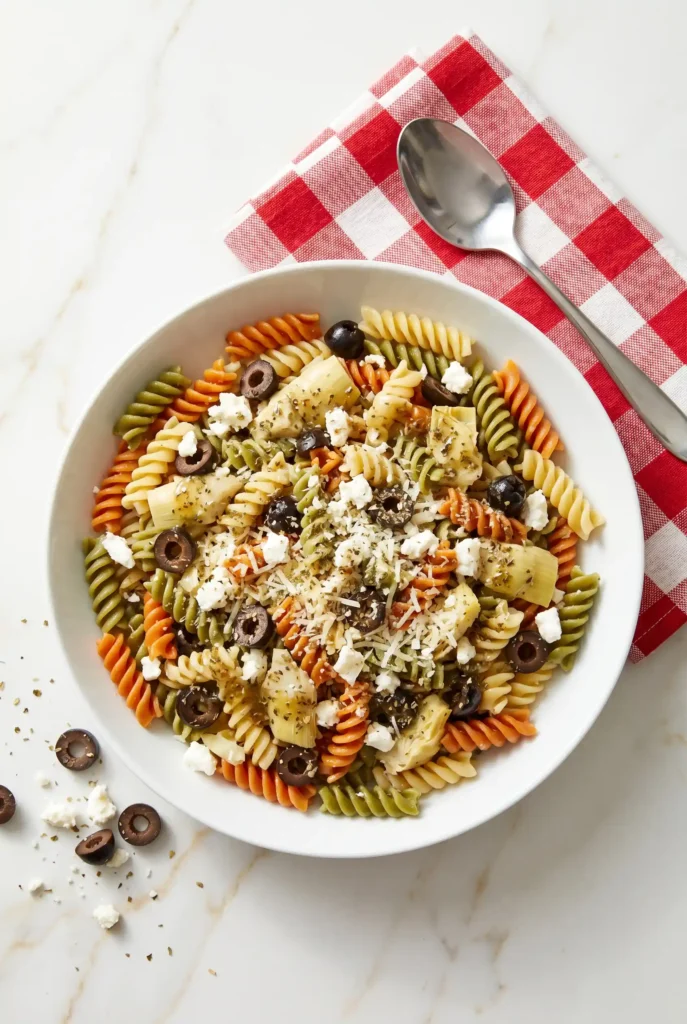 Overhead view of Chicken Salad Chick inspired pasta salad in white bowl. Features tri-color rotini, artichoke hearts, black olives, crumbled feta and grated Parmesan. Served beside red-and-white checkered napkin with spoon