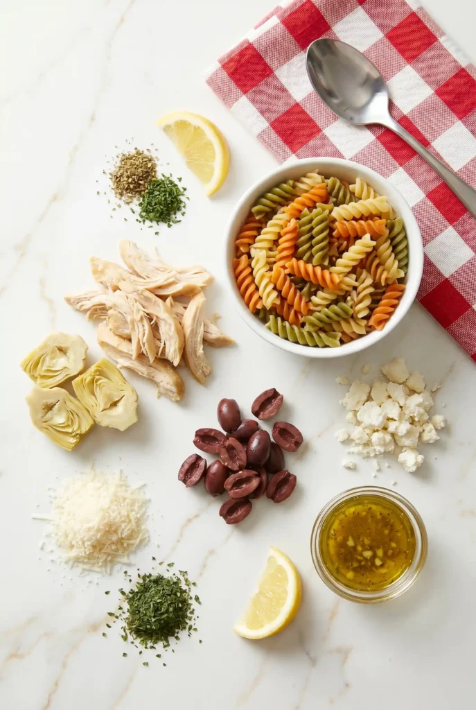 Ingredients for Chicken Salad Chick pasta salad: cooked shredded chicken, canned artichoke hearts, sliced Kalamata olives, crumbled feta, grated Parmesan, dried oregano, fresh parsley, lemon wedges and Italian vinaigrette in jar. Arranged on marble surface with checkered napki