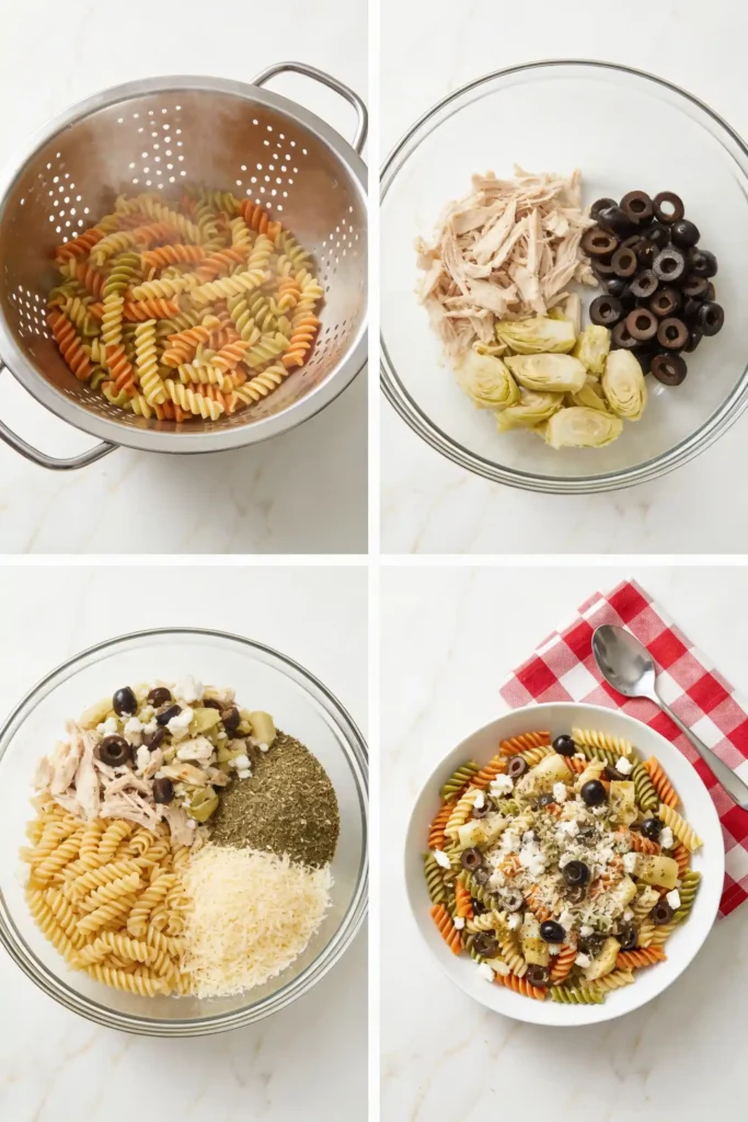 How to make Chicken Salad Chick pasta salad. Step 1 Drain cooked tri-color rotini. Step 2 Combine chicken, artichokes and olives in bowl. Step 3 Add pasta, feta, Parmesan and seasonings. Step 4 Toss and serve chilled with extra cheese and herbs on to
